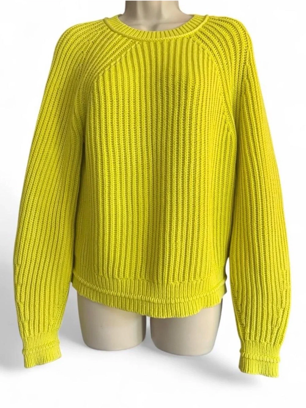 J.Crew Bright Green Ribbed Cotton Crewneck Sweater M Chunky Knit Preppy